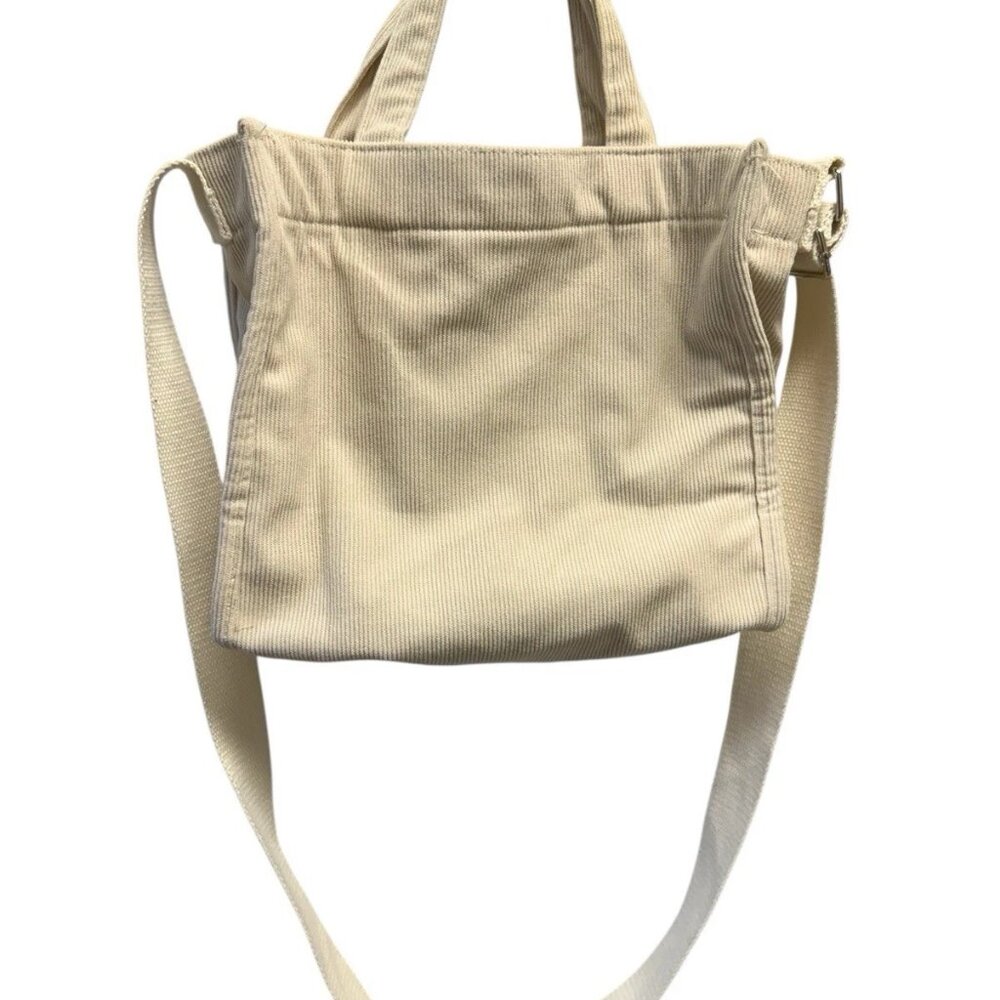 Canvas Corduroy Tote Bag Beige Snap Closure Pocket Adjustable Shoulder Strap - Picture 2 of 4
